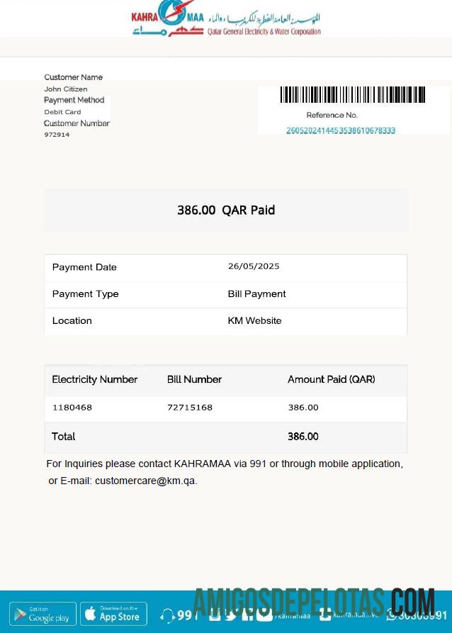 Em branco modelo de conta de serviços públicos Qatar Kahramaa em formatos Word e PDF